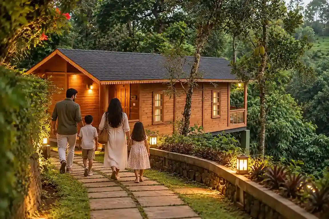 Family Stroll to a Cozy Forest Cabin