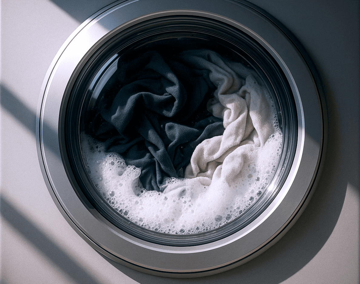 Close-up of washing machine with clothes in it