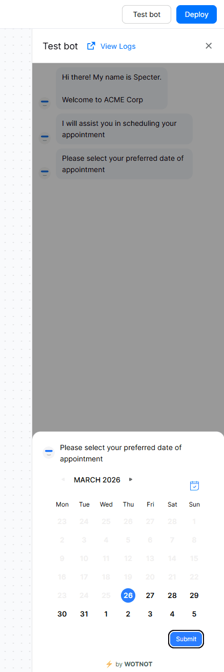 Bot builder with test panel open, showing live conversation with date picker