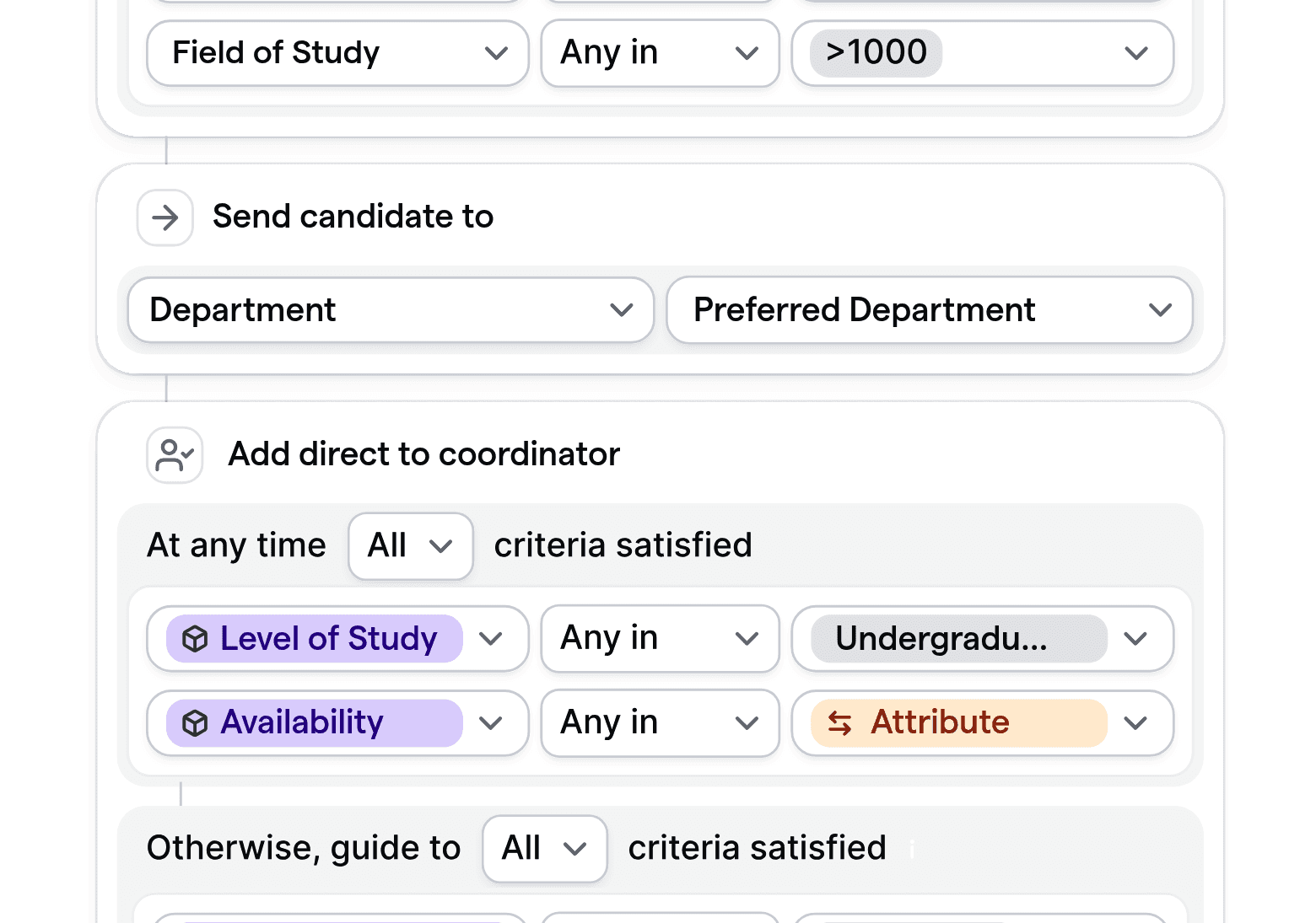 Customizable routing logic screen for internship placement, focusing on candidate field of study and department routing.