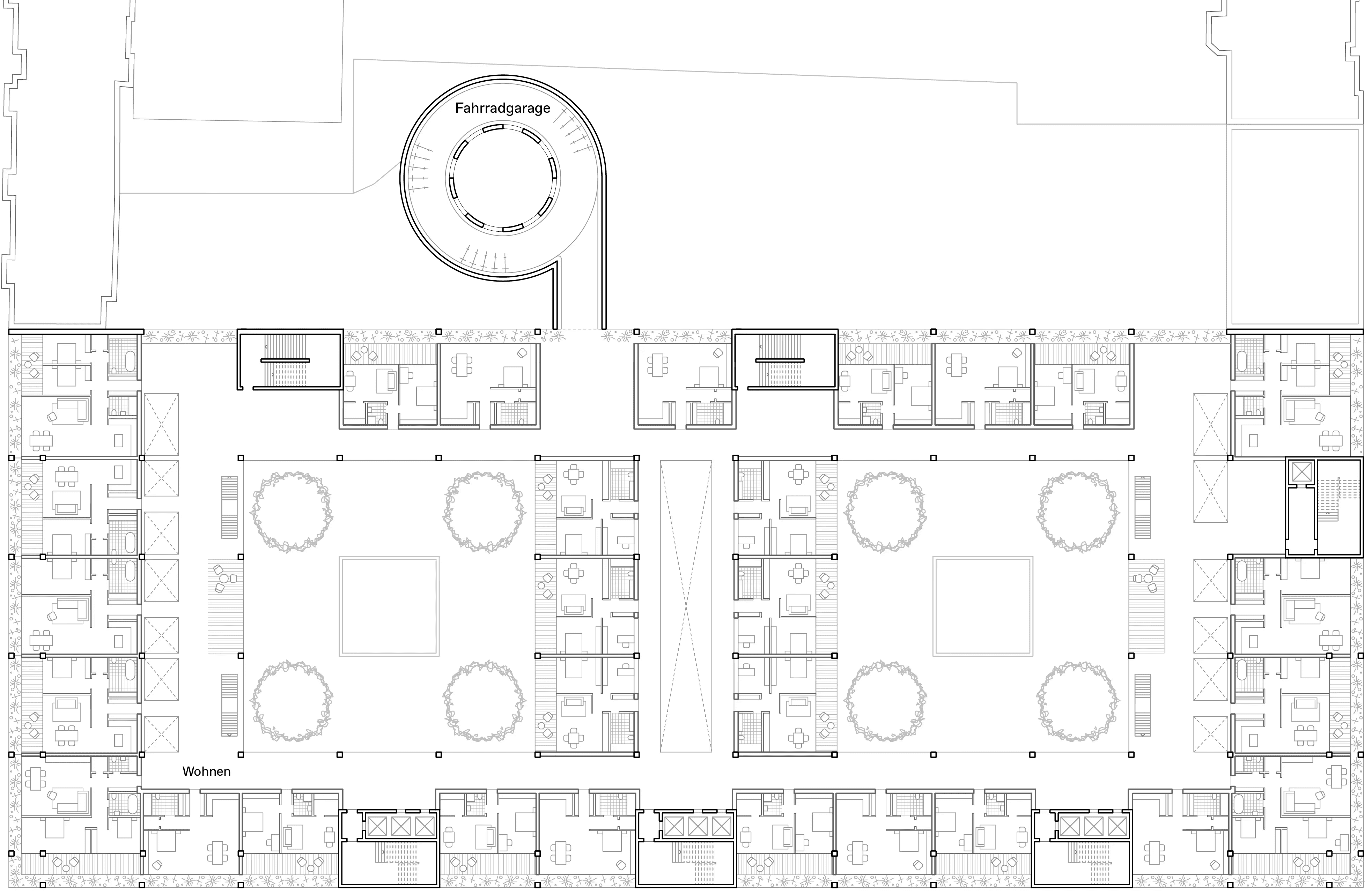 Grundriss des Wohngeschosses im Kaufhaus Müllerstraße 25 Projekt in Berlin-Wedding mit großzügigen Innenhöfen und Laubengängen