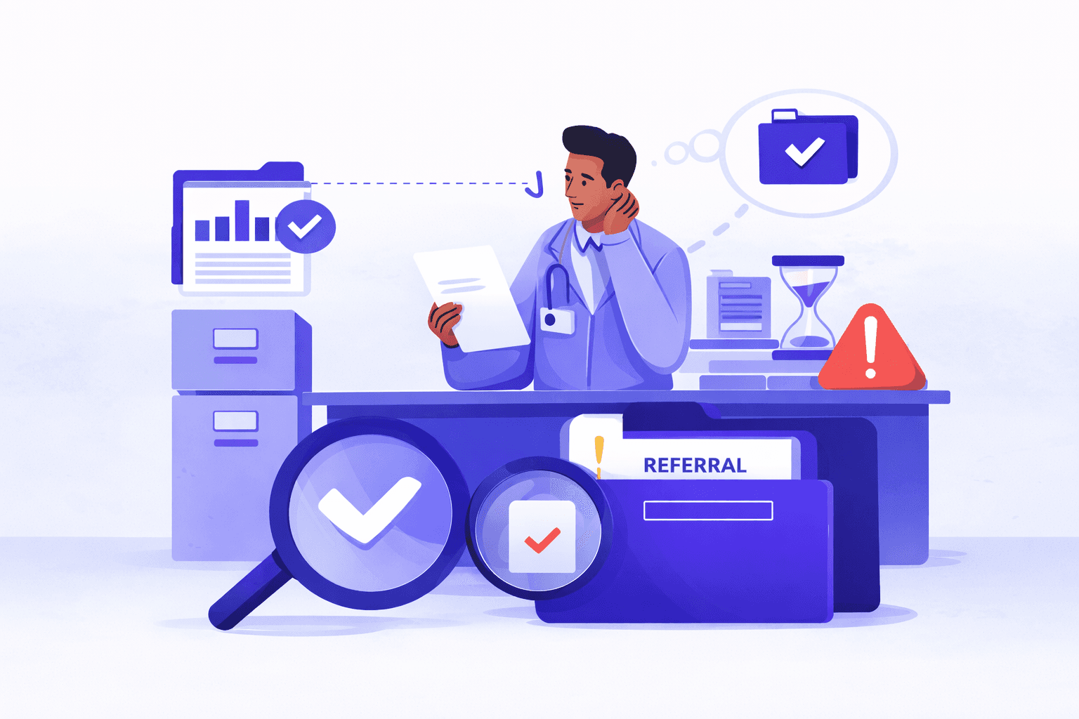 A vector illustration of a clinician seated at a desk reviewing a document, surrounded by medical workflow elements like files, charts, and an hourglass. Visual cues—such as checkmarks, a magnifying glass, and a warning icon—suggest that tasks appearing complete may still require follow-up, highlighting the risk of unfinished clinical work.