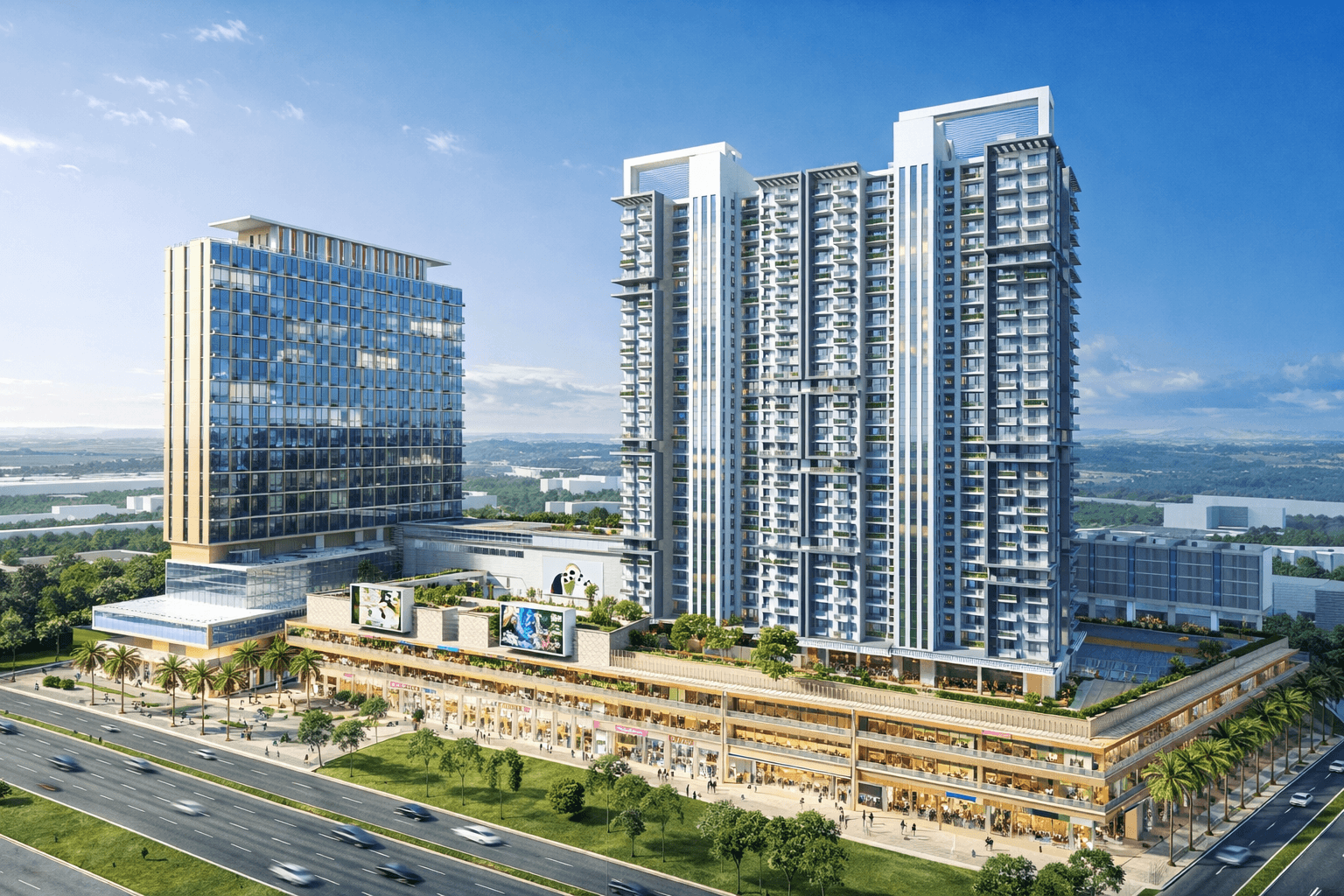 Iconic mixed-use high-rise building facade on Golf Course Road Extension