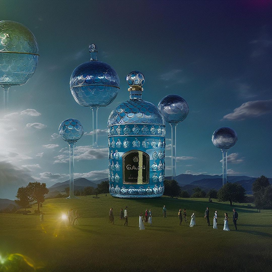A peaceful meadow celebrating the ultimate Guerlain Bee Bottle made out of crystal in a futuristic liquid world.