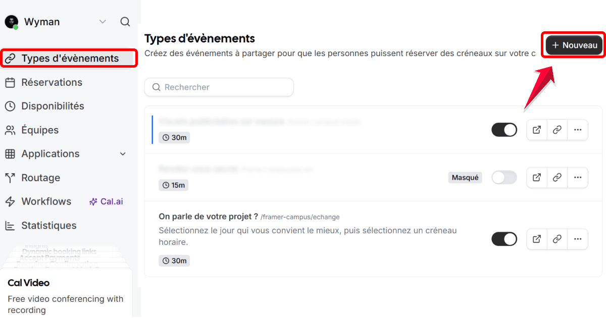 Création d’un type d’événement sur Cal.com avec durée et disponibilités personnalisées