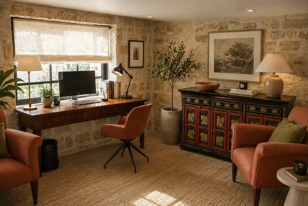 Bureau à domicile dans une maison en pierre des Hauts-de-Seine, fauteuils en velours terracotta, meuble peint artisanal et murs en moellons apparents
