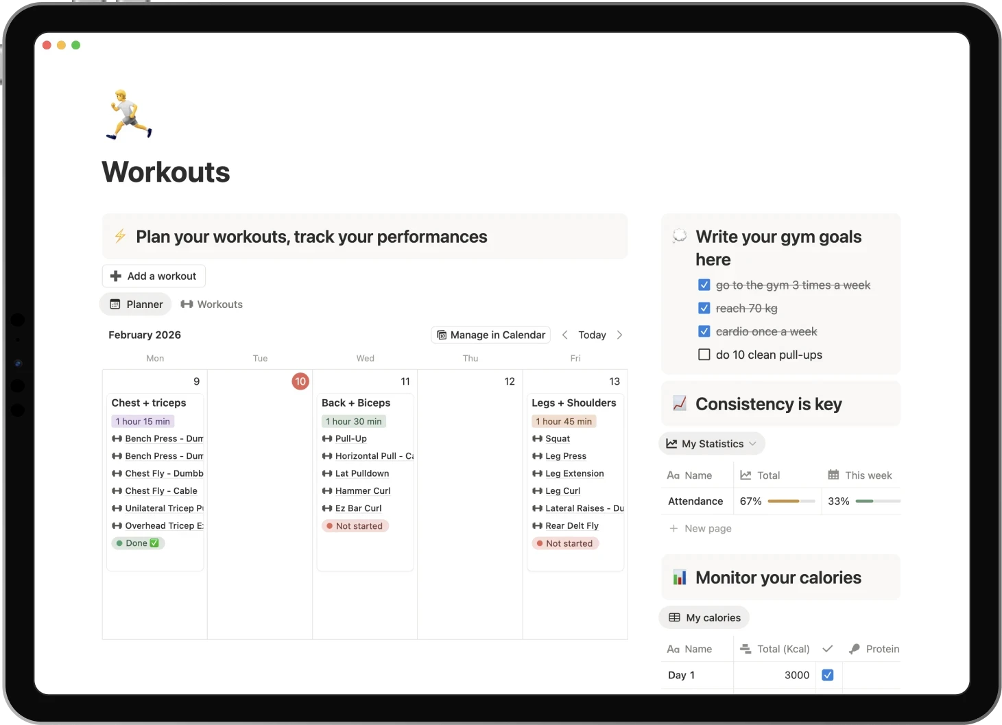 Ipad displaying the Workouts template: build your split, plan your workouts, track your performances, monitor calories and progress.