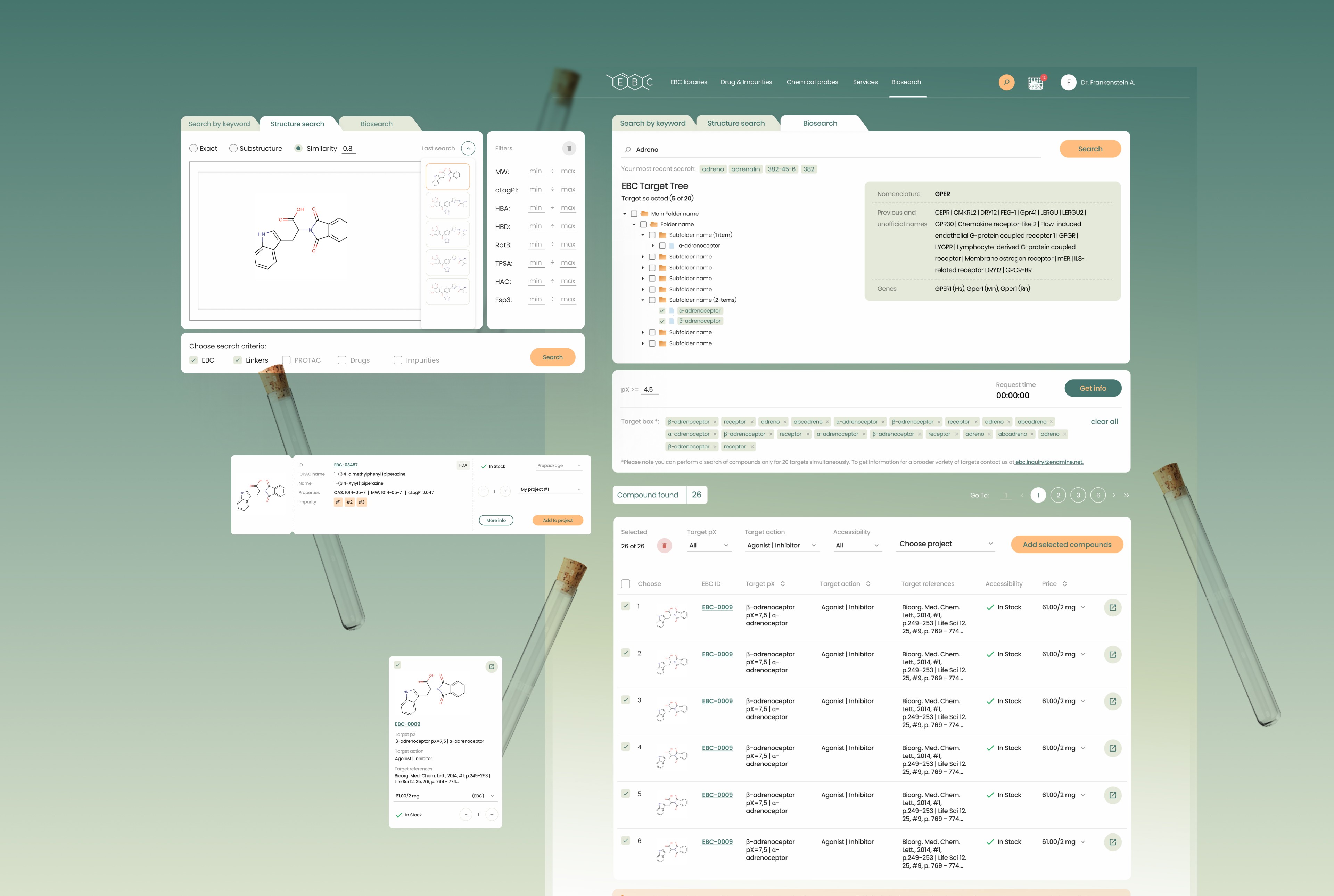 Advanced search with keyword, structure, and biosearch modes featuring target tree.