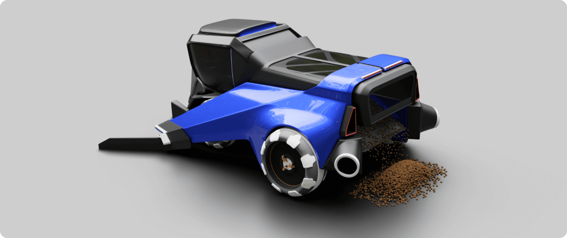 A studio rear view render of muscular design  of DUMBO-A Hazelnut Harvster done in blender.