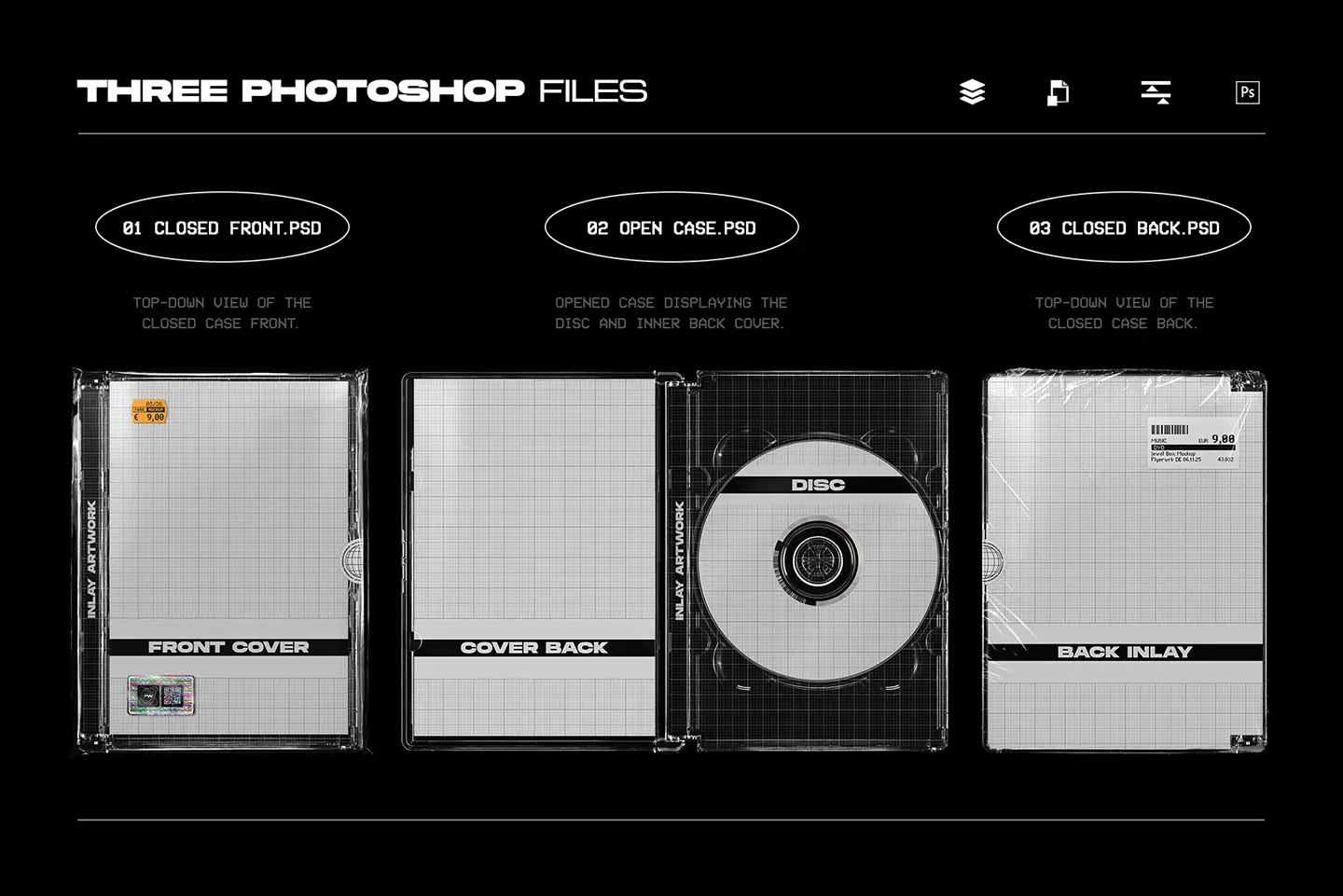 DVD jewel case mockup three Photoshop files showing front open and back views