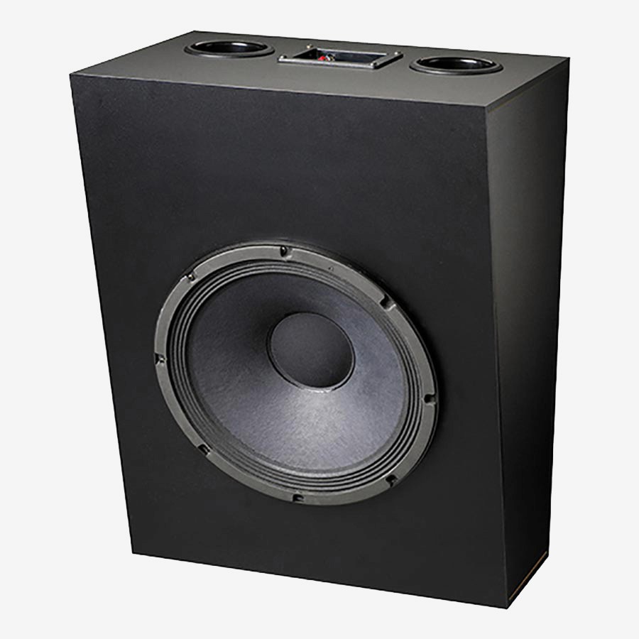 Black rectangular speaker with a large circular cone.