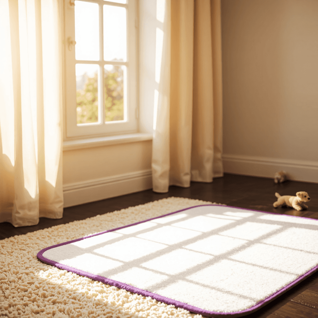 product photography of a square pet training pad with a purple border