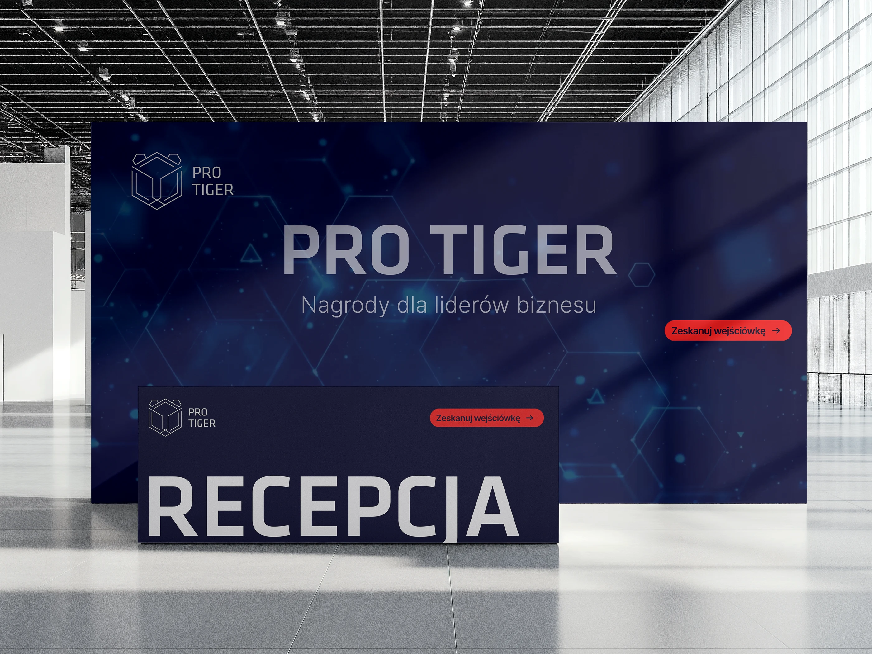 The event reception: desk and big printed wall with contest logo