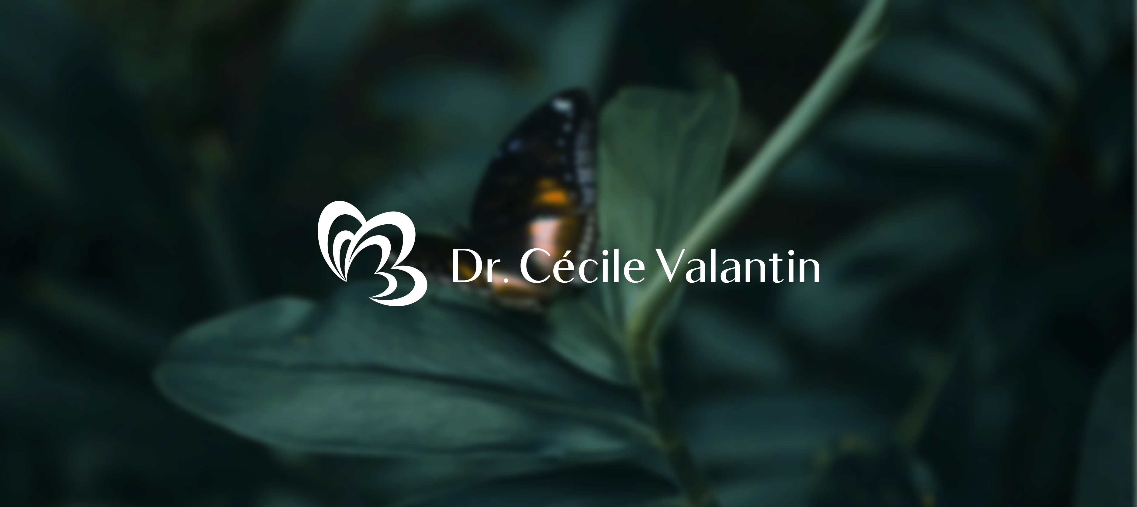 Dr. Cécile Valantin visual identity hero – graceful butterfly logo in soft pine green and pale gold on serene natural background by Teatime Studio.