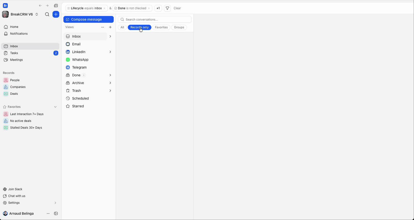 Breakcold Inbox: channel views and conversation tabs