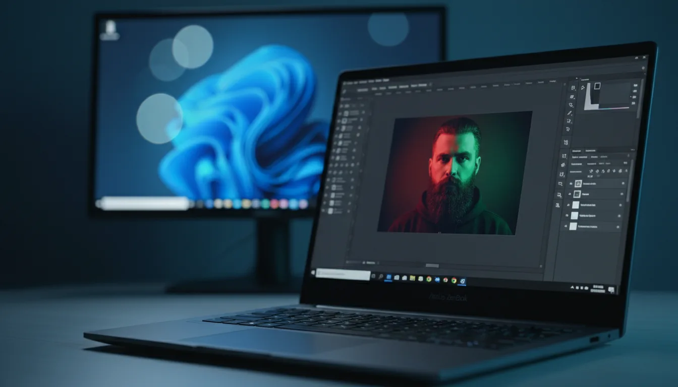DSLR photo of an open, dark grey ASUS ZenBook laptop from an angled view in a dimly lit room with cool blue ambient light and cinematic contrast. The laptop screen is in sharp focus, displaying the Adobe Photoshop interface in modern dark mode. A portrait of a man with a beard is centered on the canvas, dramatically illuminated with split lighting, red on one side of his face and green on the other. The software's toolbars and palettes are visible with abstract UI elements. In the background, a second monitor is out of focus with a strong bokeh effect, displaying a bright, stylized blue graphic.