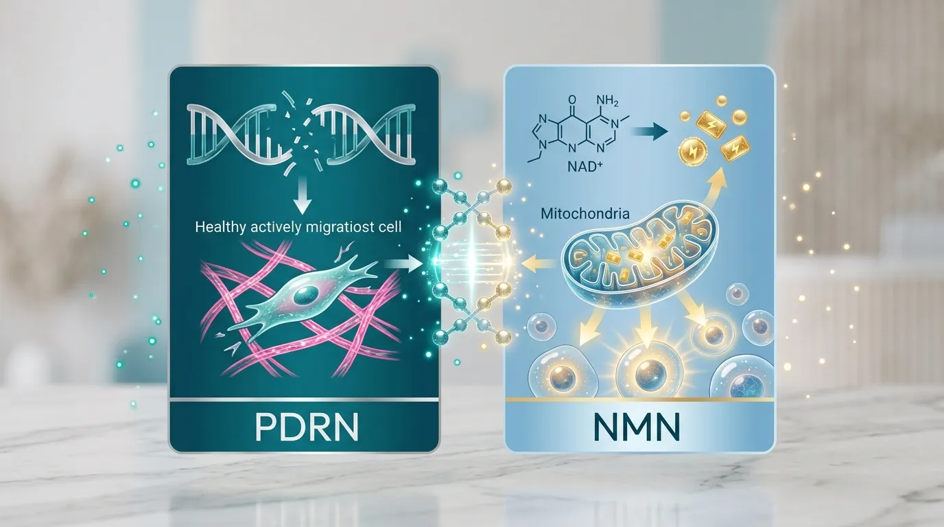Illustration showing the different roles of PDRN repair signaling and NMN cellular energy support