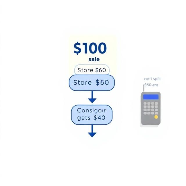 Diagram of a single store sale splitting into the shop's commission and the consignor's payout, showing what Square consignment software has to track
