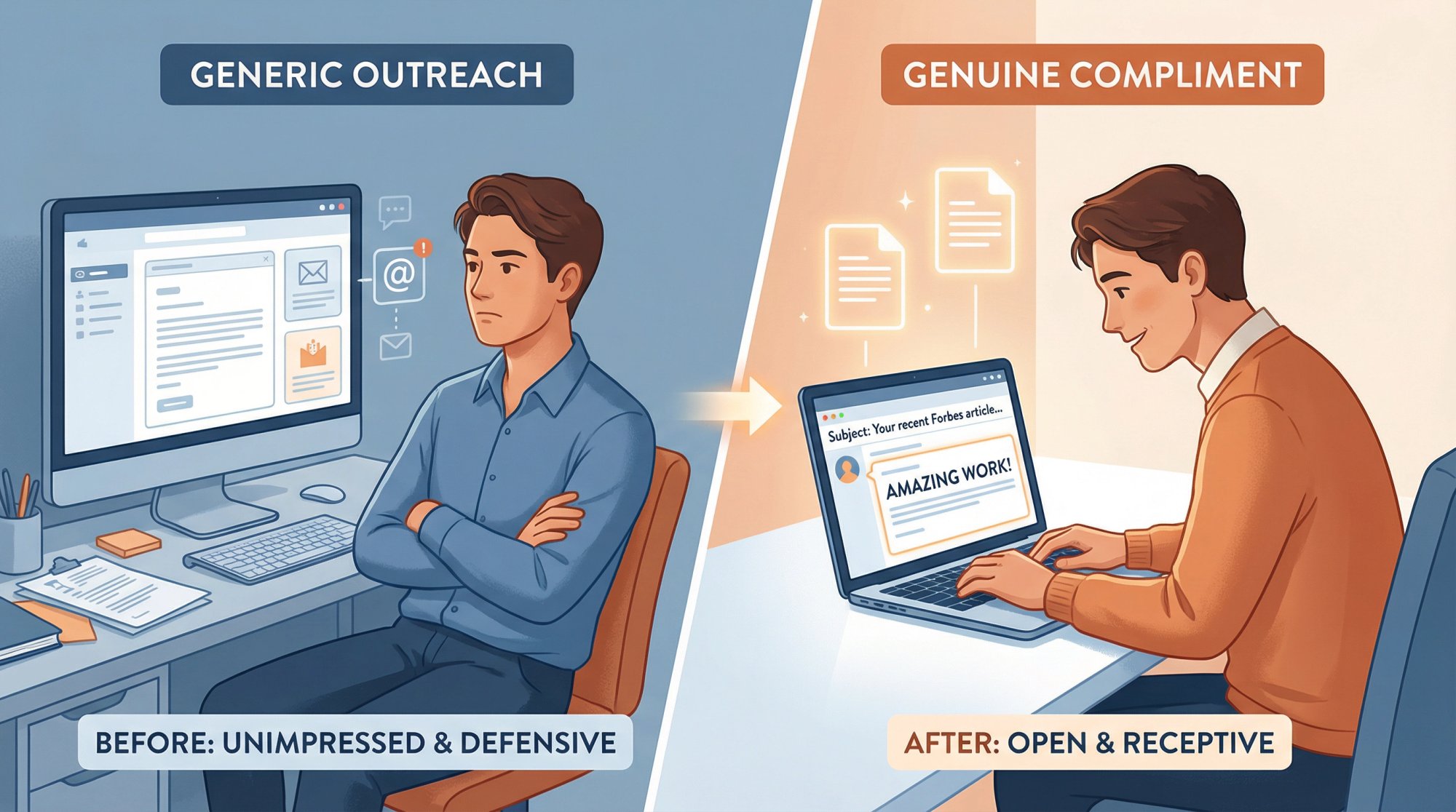 Professional receiving a sincere compliment showing visible emotional shift from guarded to receptive and open