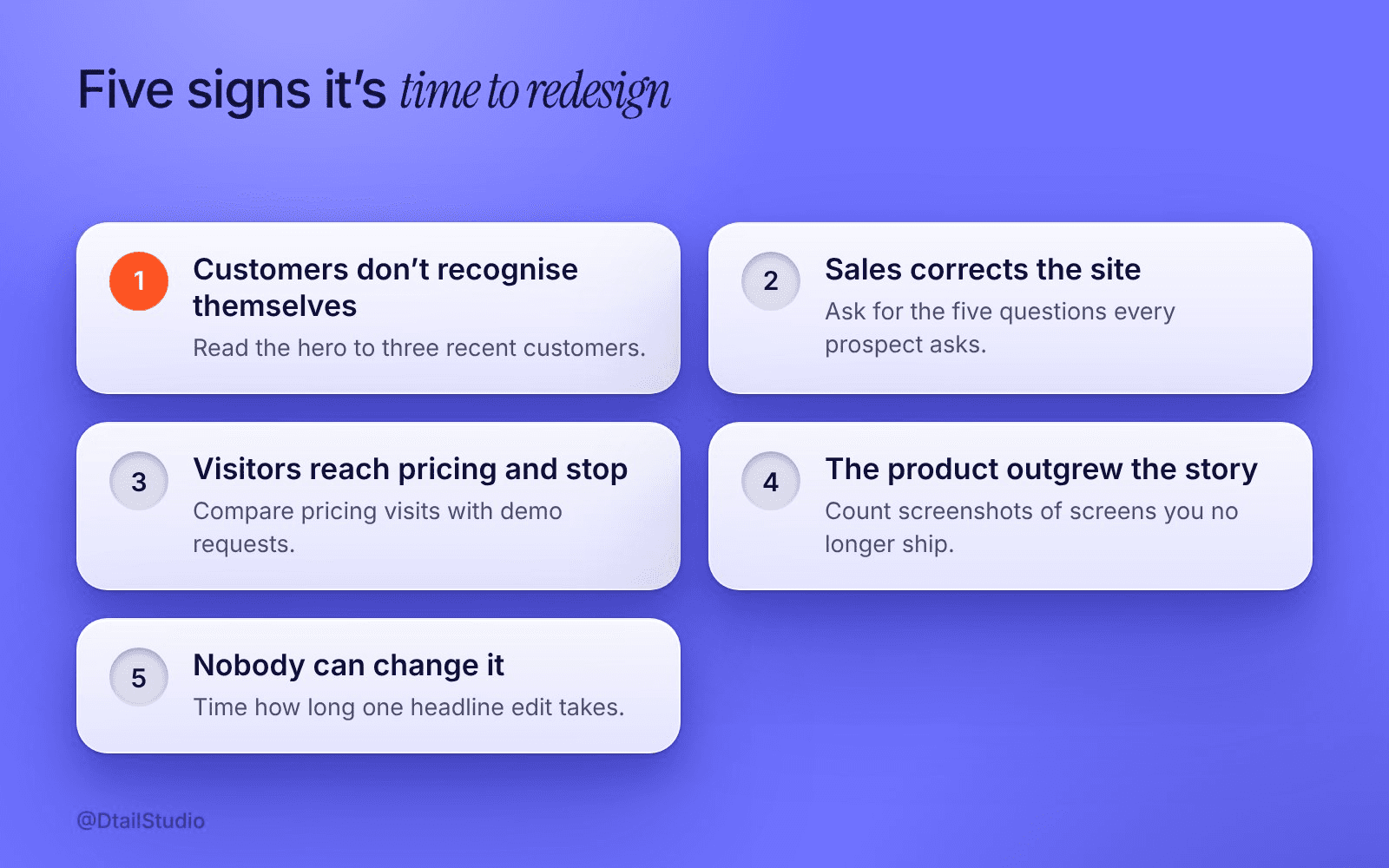 Five signs your SaaS website needs a redesign Your best customers wouldn’t recognise themselves: Read the hero to three recent customers and ask who it’s for. If they describe someone els; Sales spends the first call correcting the site: Ask your sales lead for the five questions every prospect asks. If the site answers none o; Visitors reach pricing and stop: In your analytics, compare visits to the pricing page with demo requests or sign-ups from ; The product has outgrown the story: Count the screenshots that show screens you no longer ship, and the features that matter m; Nobody can change it: Time how long it takes to edit one headline. If it needs a developer and a sprint, the sit