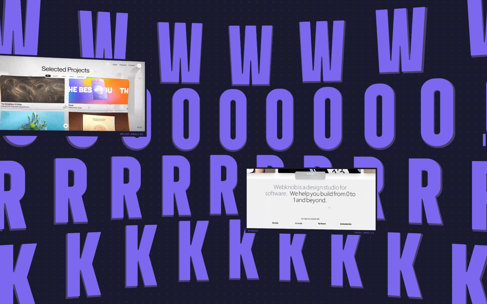 Purple letters "W, O, R, K" overlap on a dark background. Two floating website screenshots display design projects.