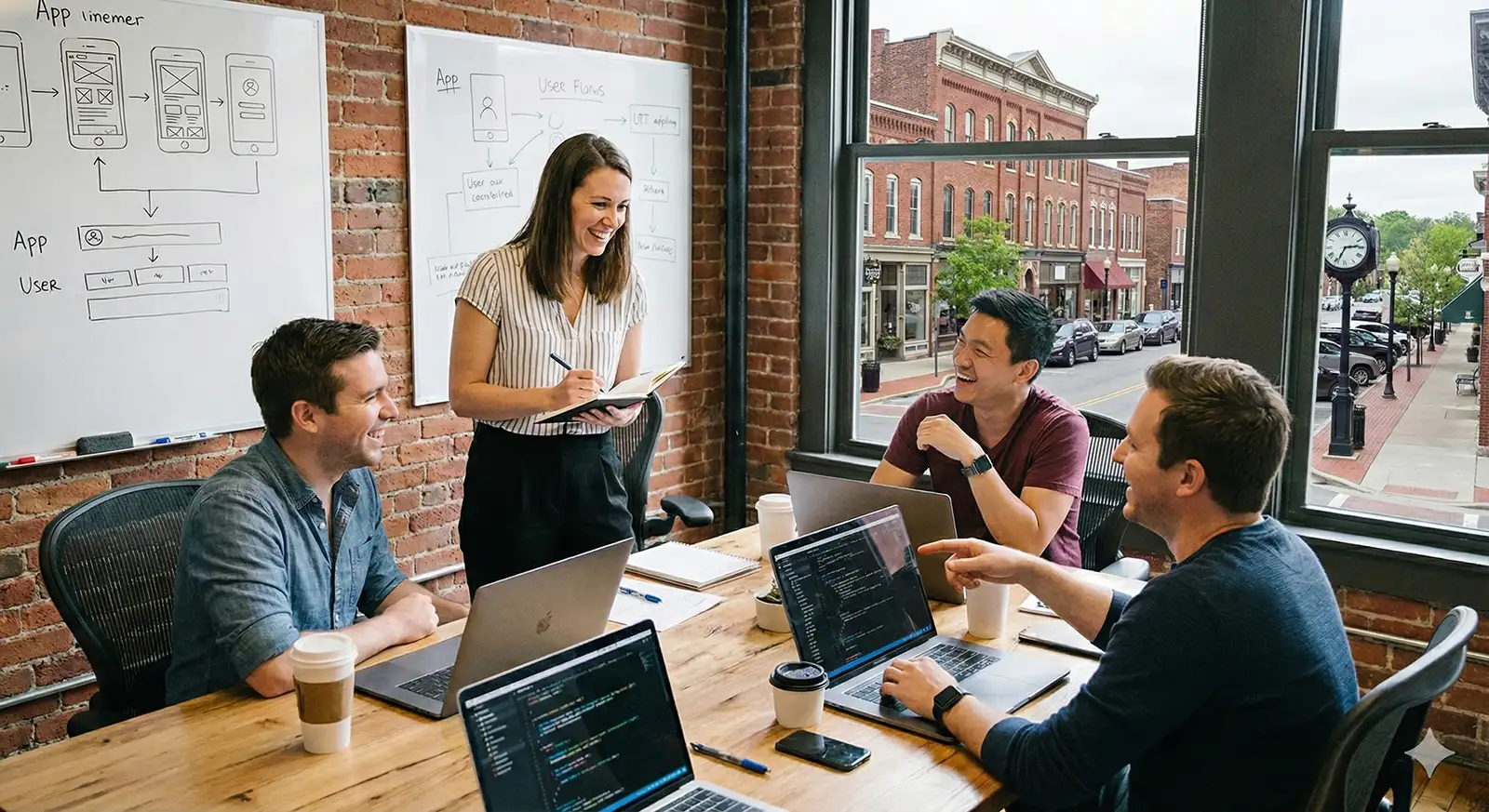 Startup team working on a product together at a conference table