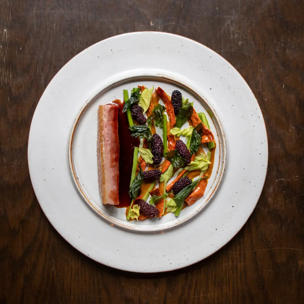 Barbary Duck Breast, Thai Celery, Mulberry, Red Jinda Chili