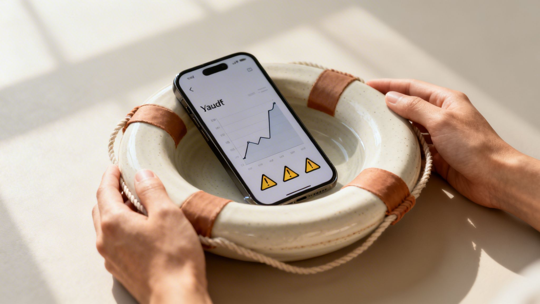 Hands hold a life buoy with a smartphone displaying a financial graph and warning signs.