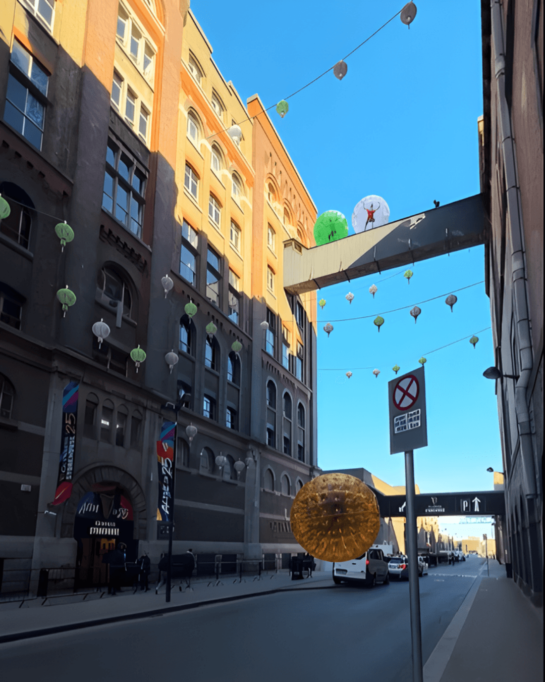 A mixed-reality composite features glowing orange and green orbs floating in a sunlit alleyway