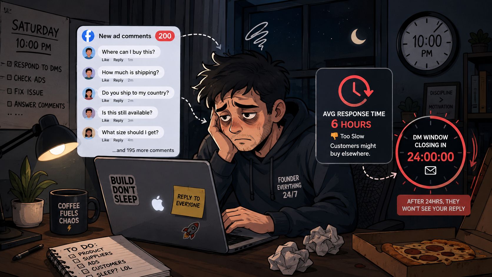 Exhausted entrepreneur struggling to manage numerous customer comments and messages on a laptop at night.