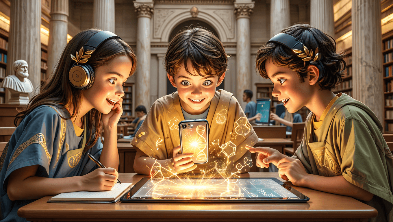 A group of smiling students collaborating on a project in a modern library setting
