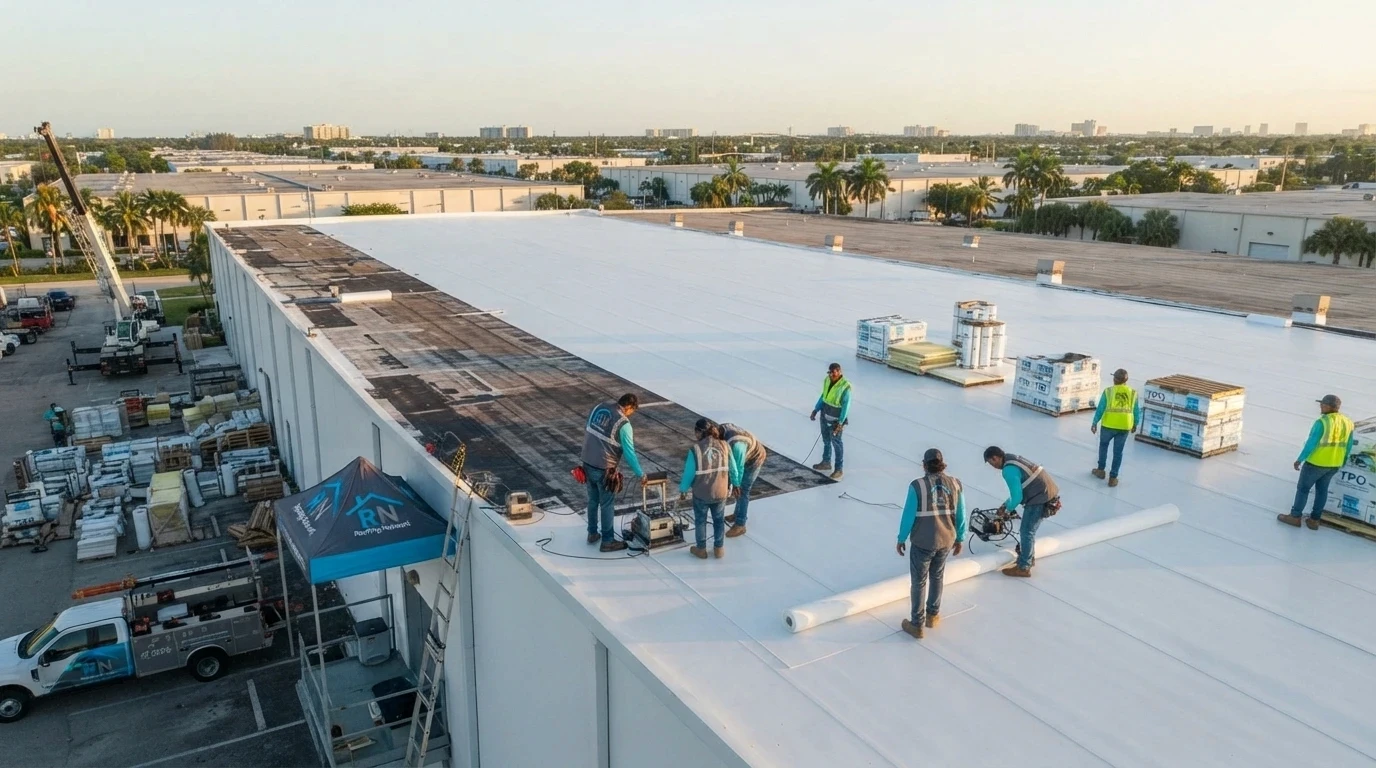 Large TPO warehouse roof replacement in the Deerfield Beach industrial district