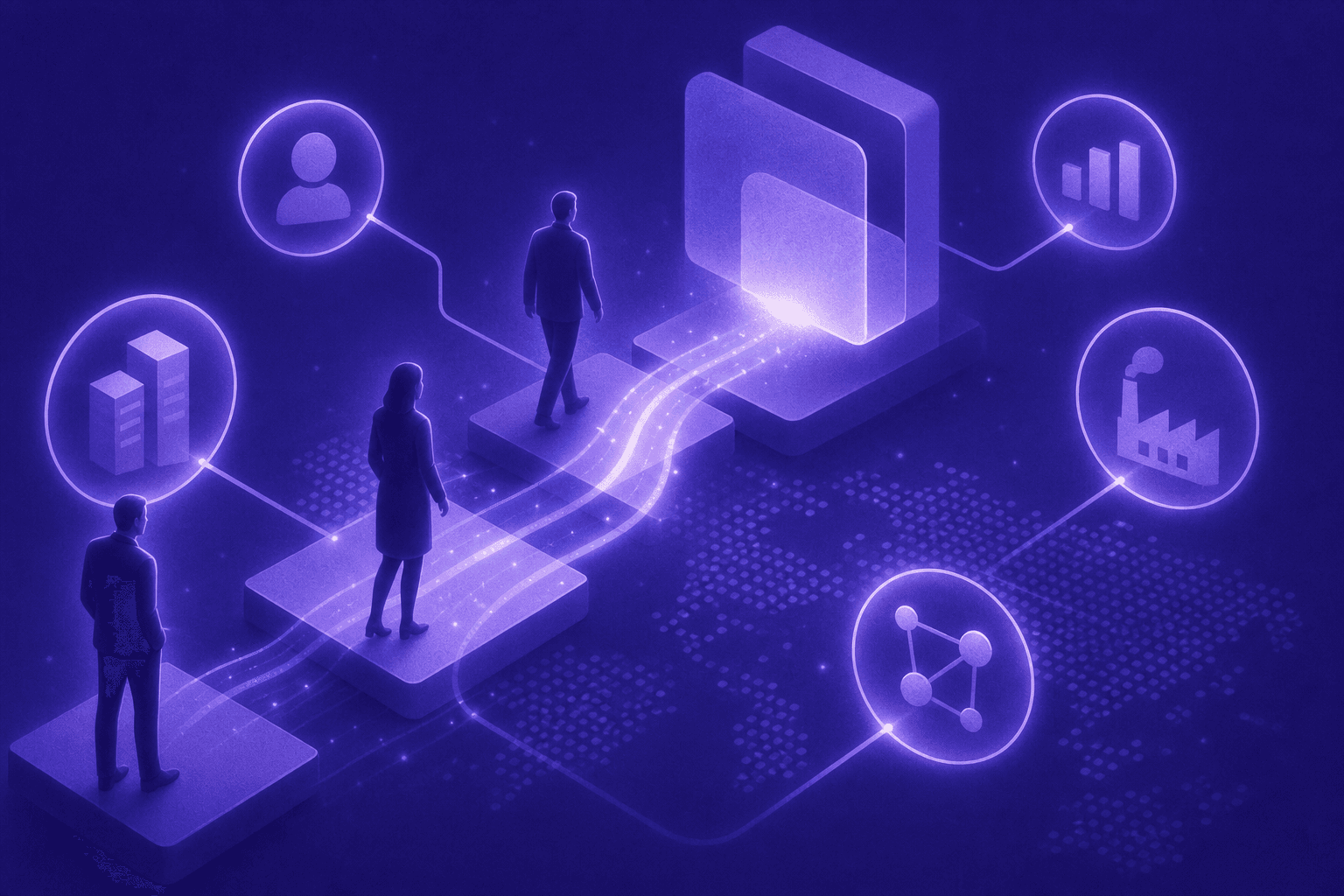 A sleek digital visualization showing a B2B website visitor journey, with abstract silhouettes of business professionals browsing a website, glowing data nodes revealing company logos, industry icons, and profile connections floating around them, representing anonymous visitors being identified and enriched with firmographic intelligence before any form is submitted, dark background with blue and teal accent colors, modern and futuristic aesthetic