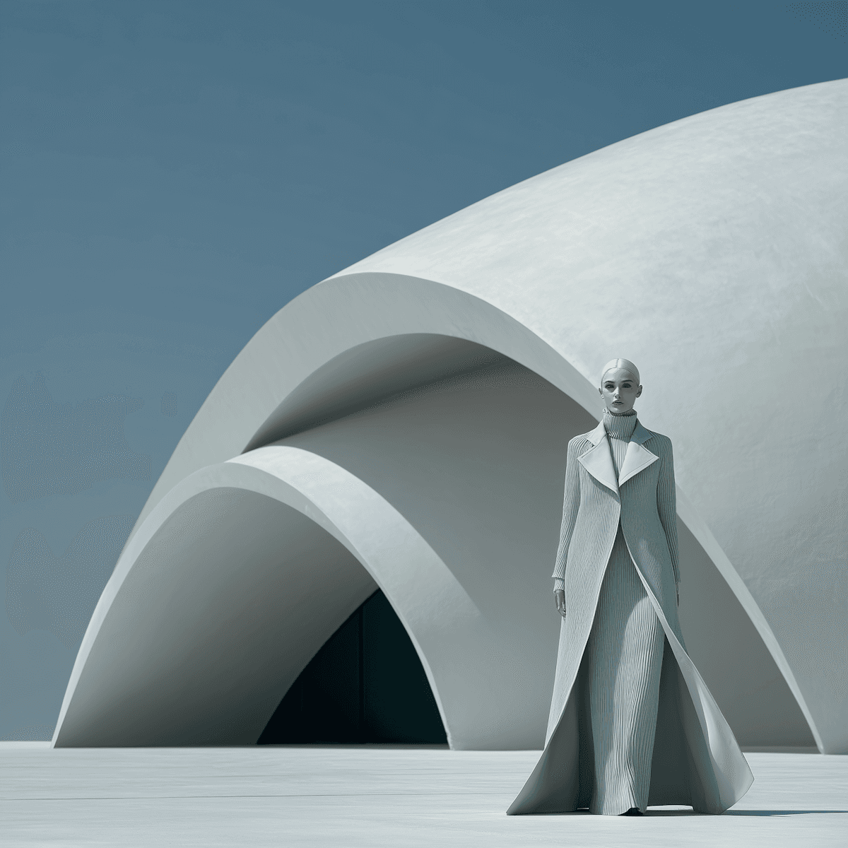 A person in a sleek, minimalist pale green coat standing beside a large, white curved architectural structure under a clear sky.