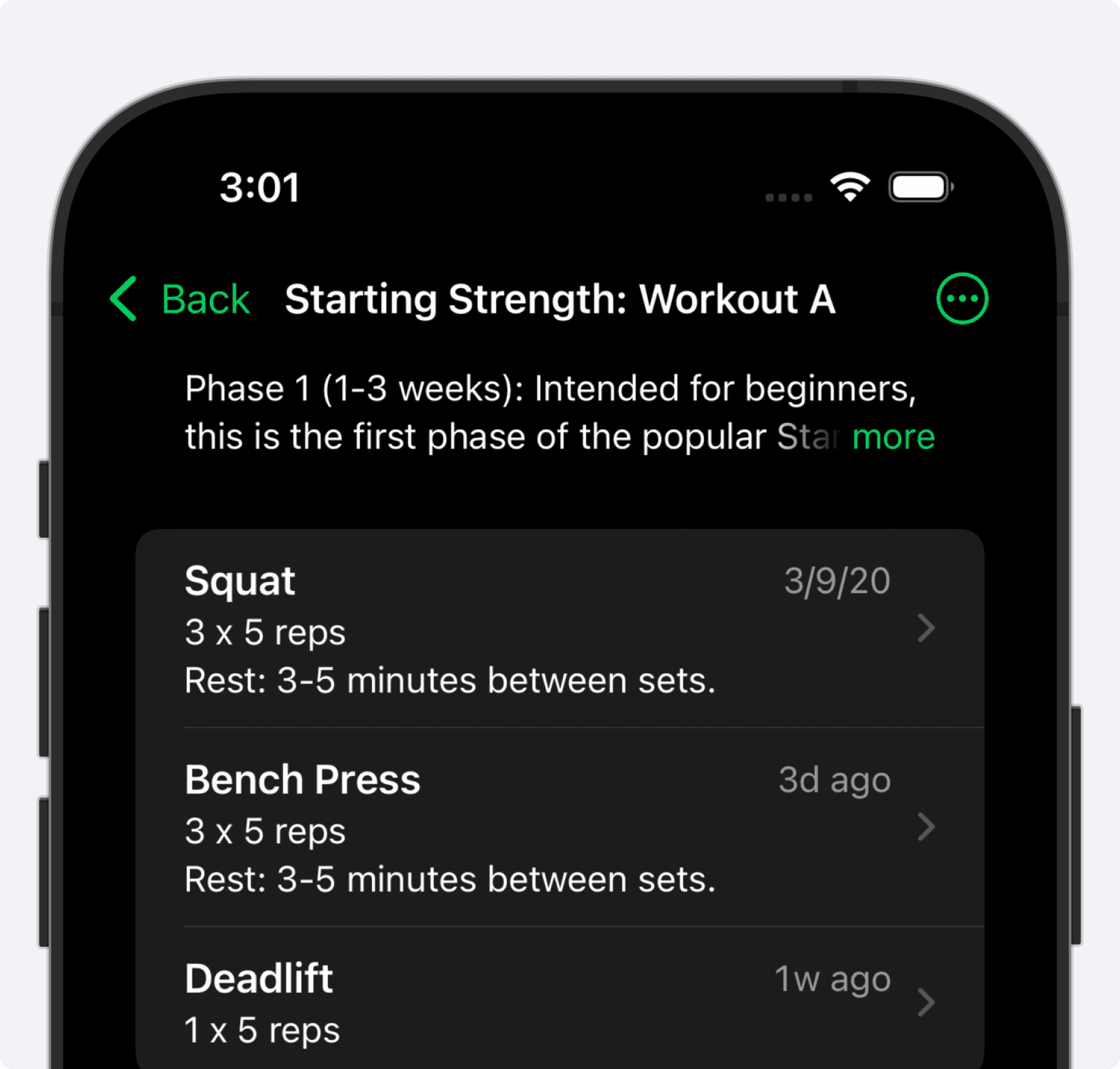 Screenshot from the Setgraph mobile app displaying the 'Starting Strength: Workout A' routine. It shows Phase 1, intended for beginners, lasting 1-3 weeks. The workout includes:  Squat: 3 sets of 5 reps, with 3-5 minutes rest between sets (last performed on 3/9/20). Bench Press: 3 sets of 5 reps, with 3-5 minutes rest between sets (last performed 3 days ago). Deadlift: 1 set of 5 reps (last performed 1 week ago). Below the exercises is an option to '+ Add Exercises.' The interface features navigation buttons at the bottom for Sets, Sessions, and Today.