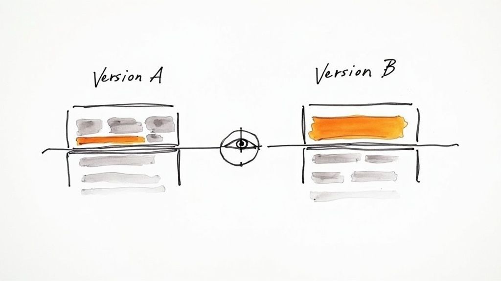 A dashboard showing a landing page split test in progress, with real-time metrics for each variation.