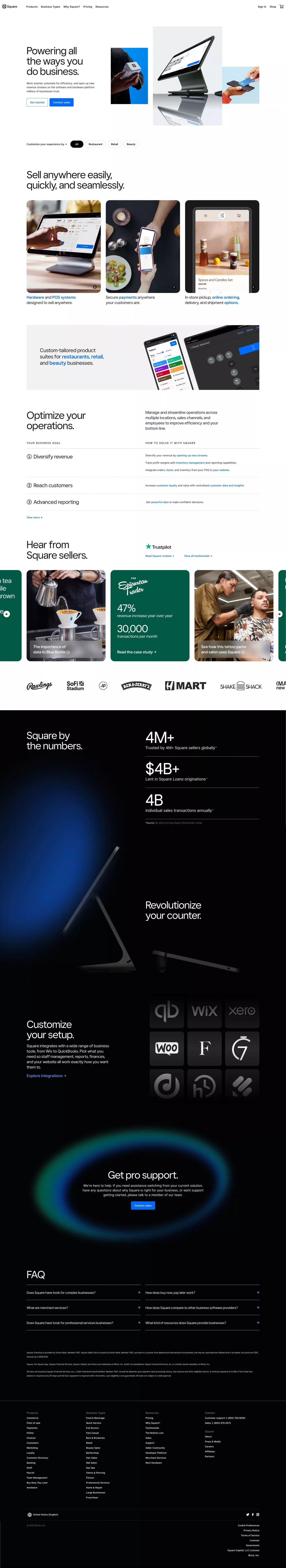 Square landing page screenshot showcasing Tech and Finance design
