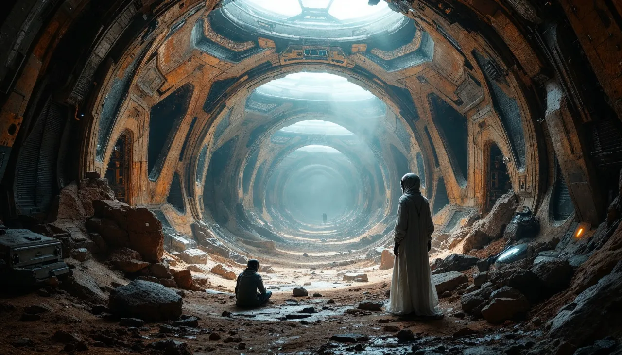 A futuristic, otherworldly tunnel-like corridor made of metal and rock, with dramatic lighting and a misty atmosphere, featuring two figures gazing into the distance.