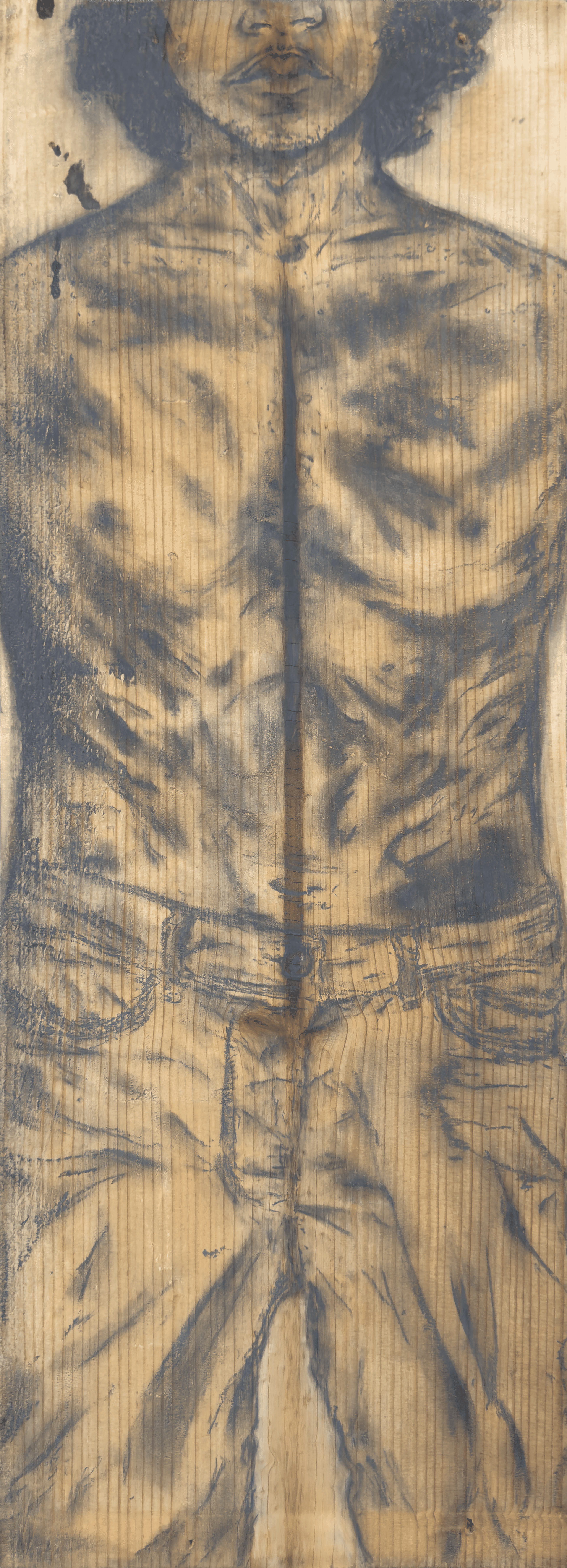 A bruised figure drawn in charcoal on wood panel; Art by Julian Henriquez