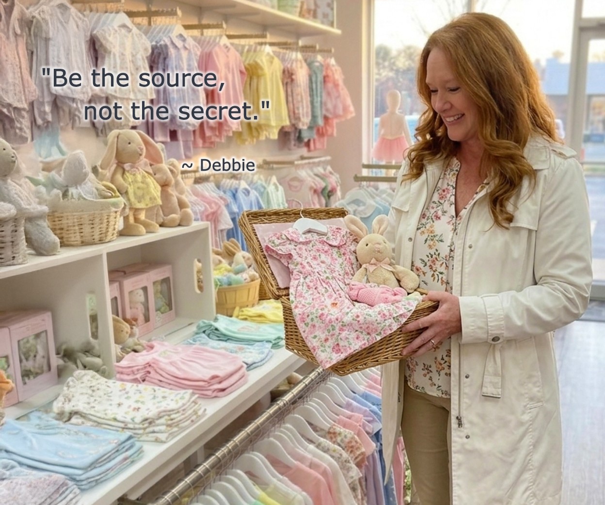 Red haired woman shopping in a childrens shop during easter while carrying a pink baby dress