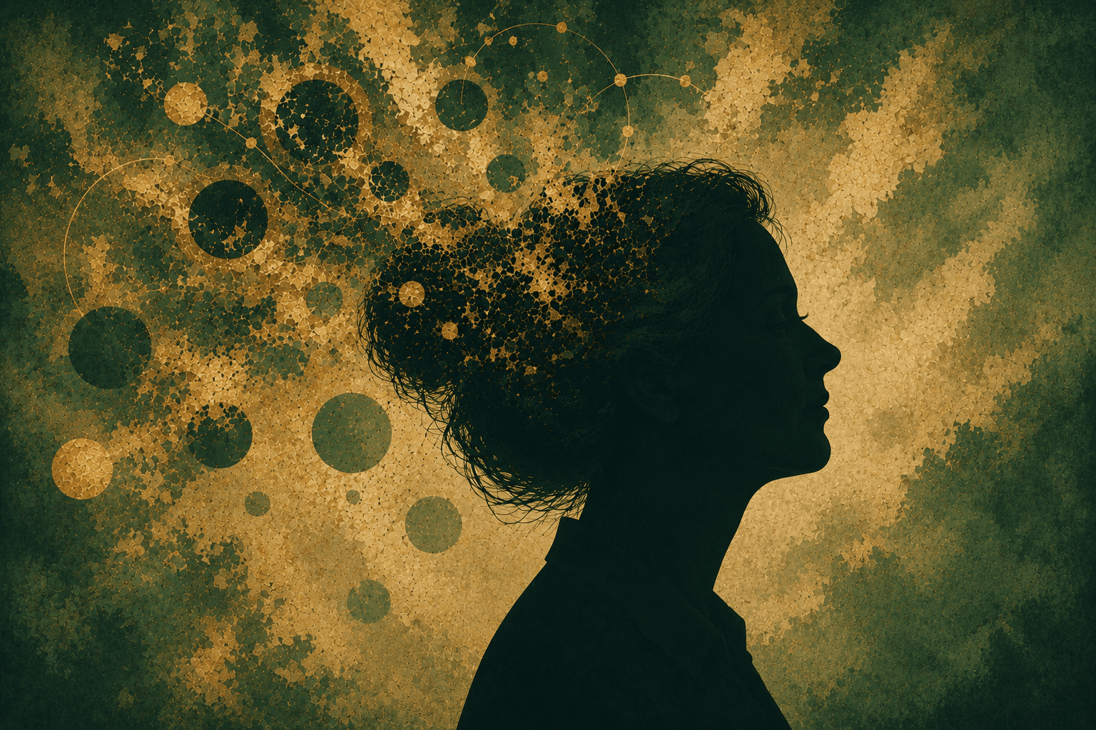 A silhouette of a person standing amidst vibrant swirling colors of teal and orange.