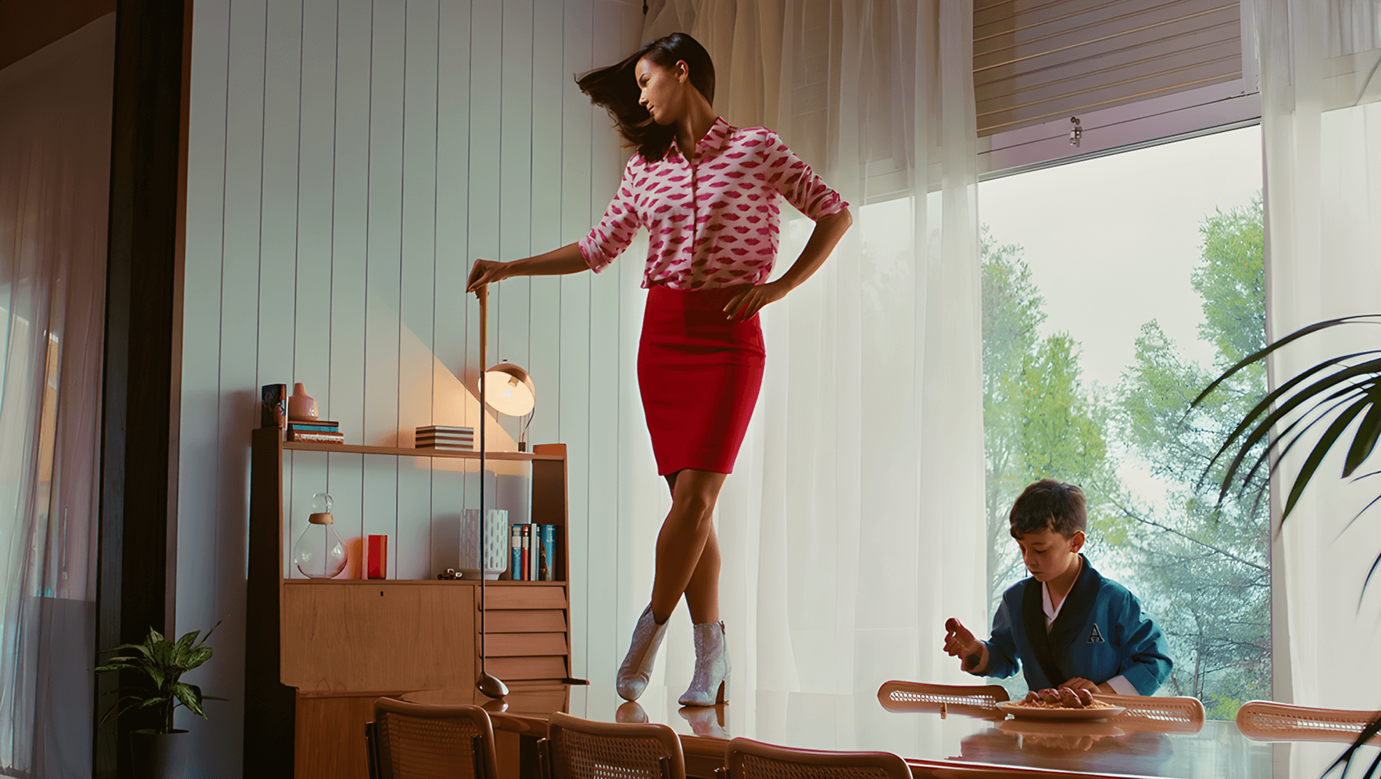 method advertising with a woman on a desk playing golf