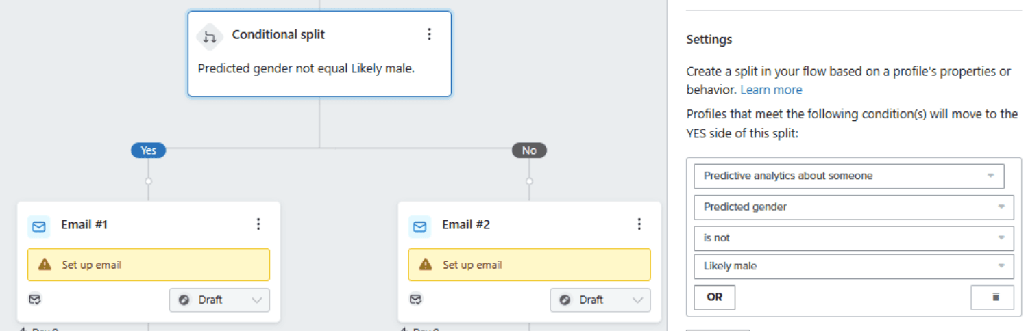 Predictive Analytics Split.png – Klaviyo flow with a conditional split using predictive analytics to segment users based on gender.