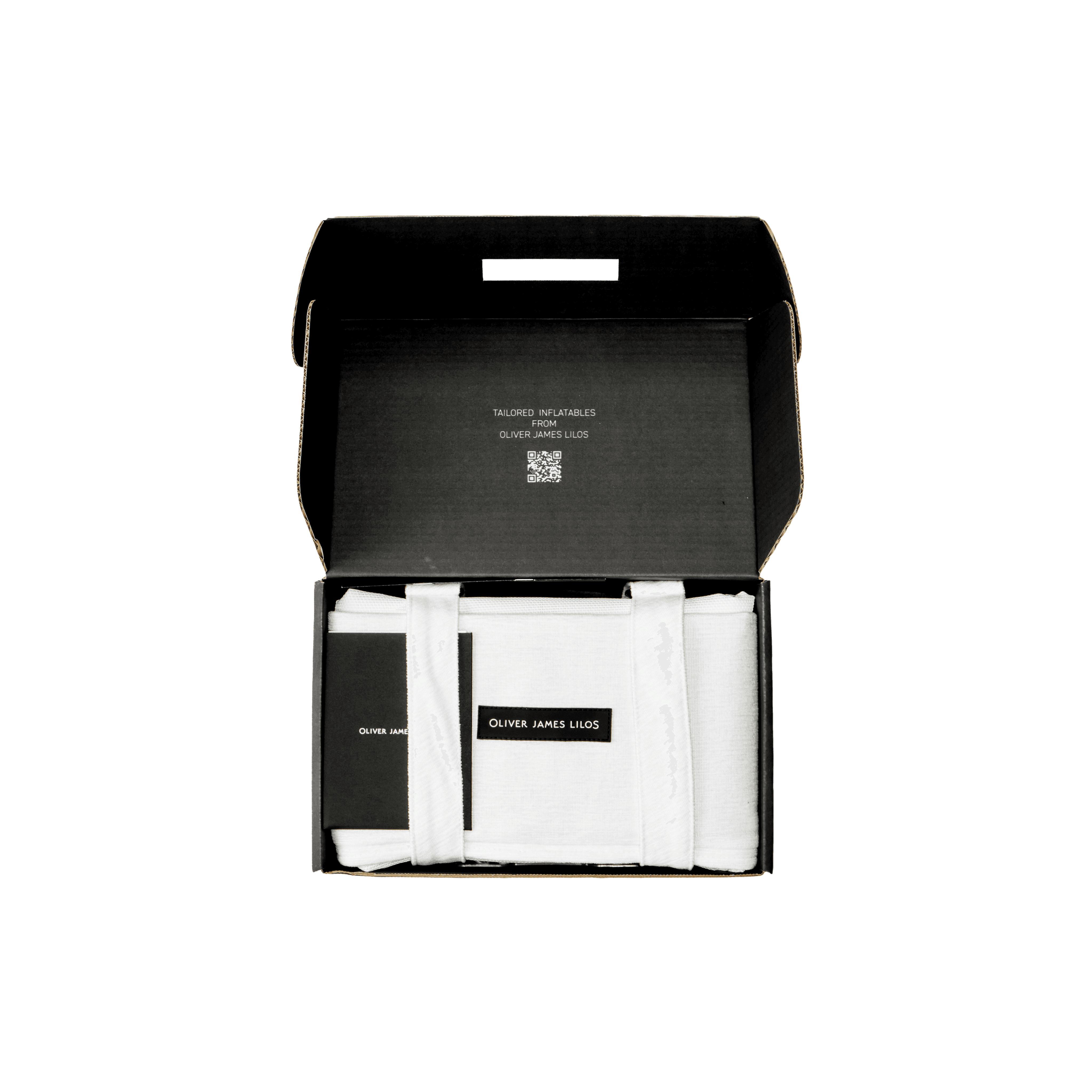White chenille lilo folded in its structured black travel case with branded label and securing straps