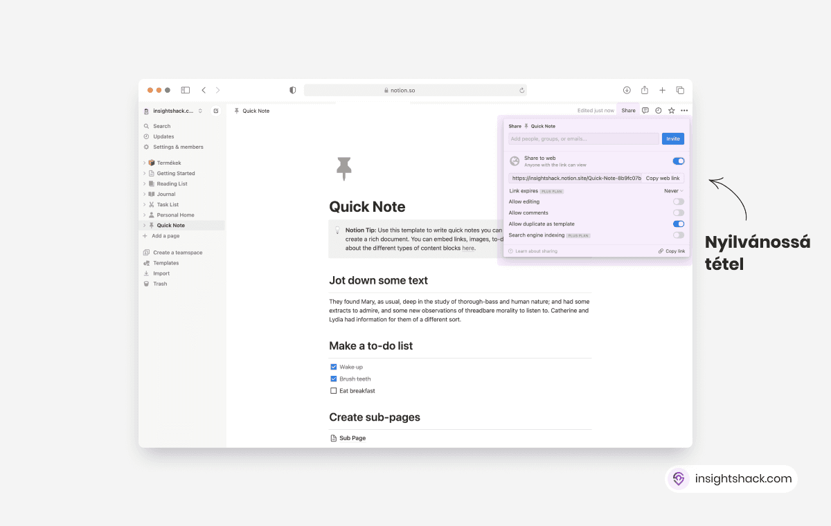 A tartalom nyilvánossá tétele a Notion alkalmazásban.