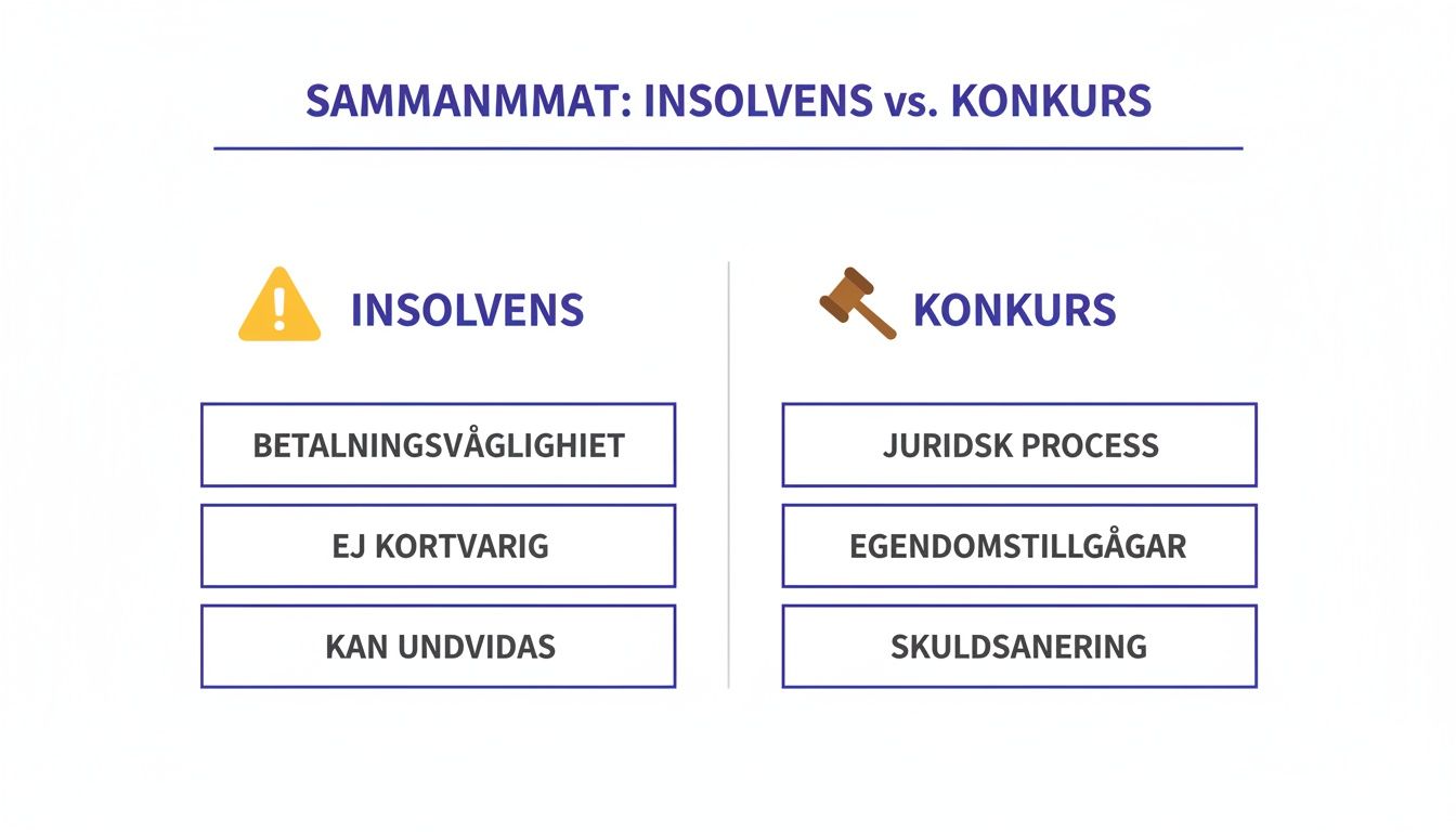En infografik som jämför insolvens och konkurs, med nyckelpunkter för varje finansiell term.