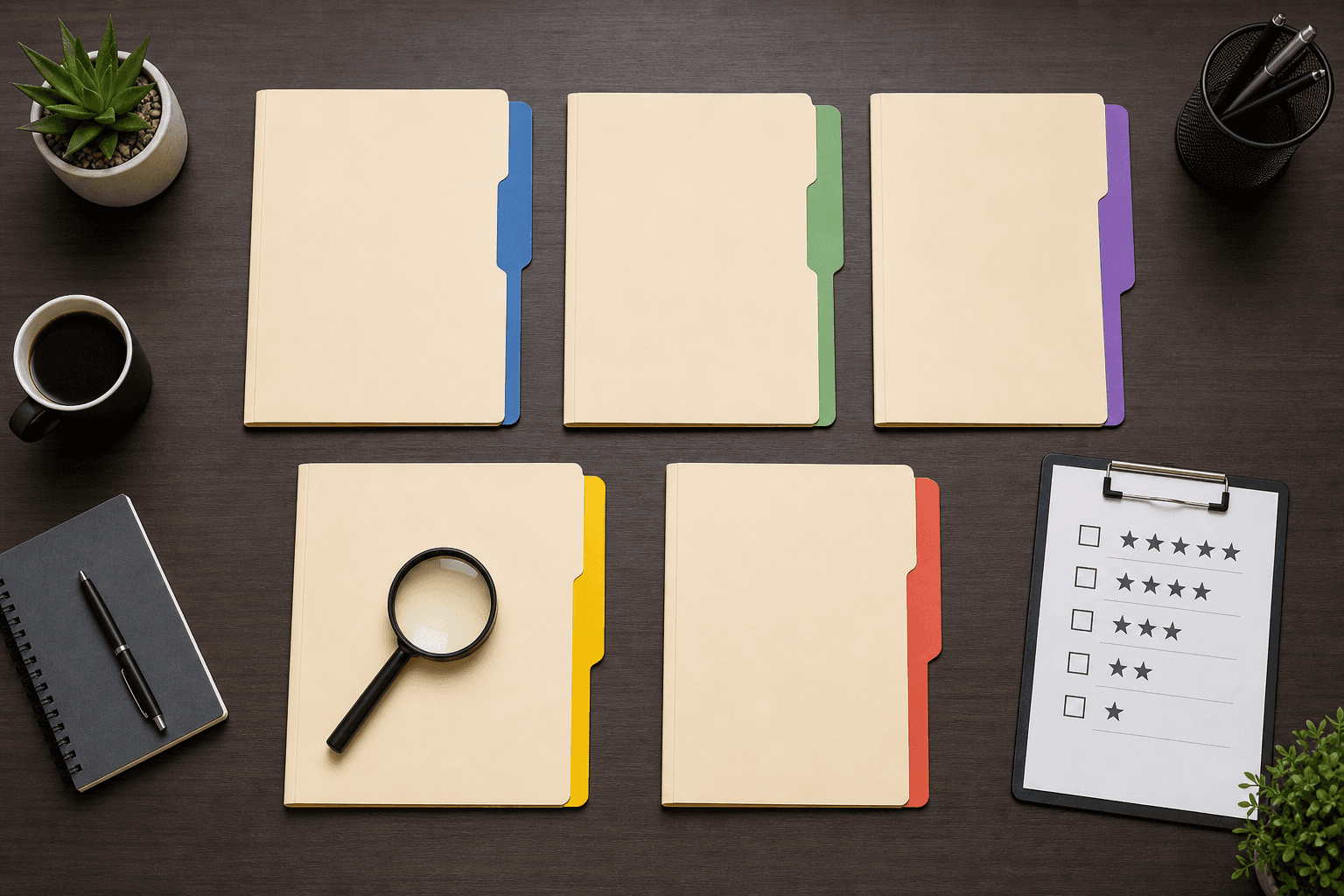 A clean overhead view of a modern office desk with five labeled evaluation folders arranged in a structured grid pattern, each with color-coded tabs, a clipboard with a scoring checklist, and a magnifying glass resting on one folder, soft professional lighting, flat lay style, no people