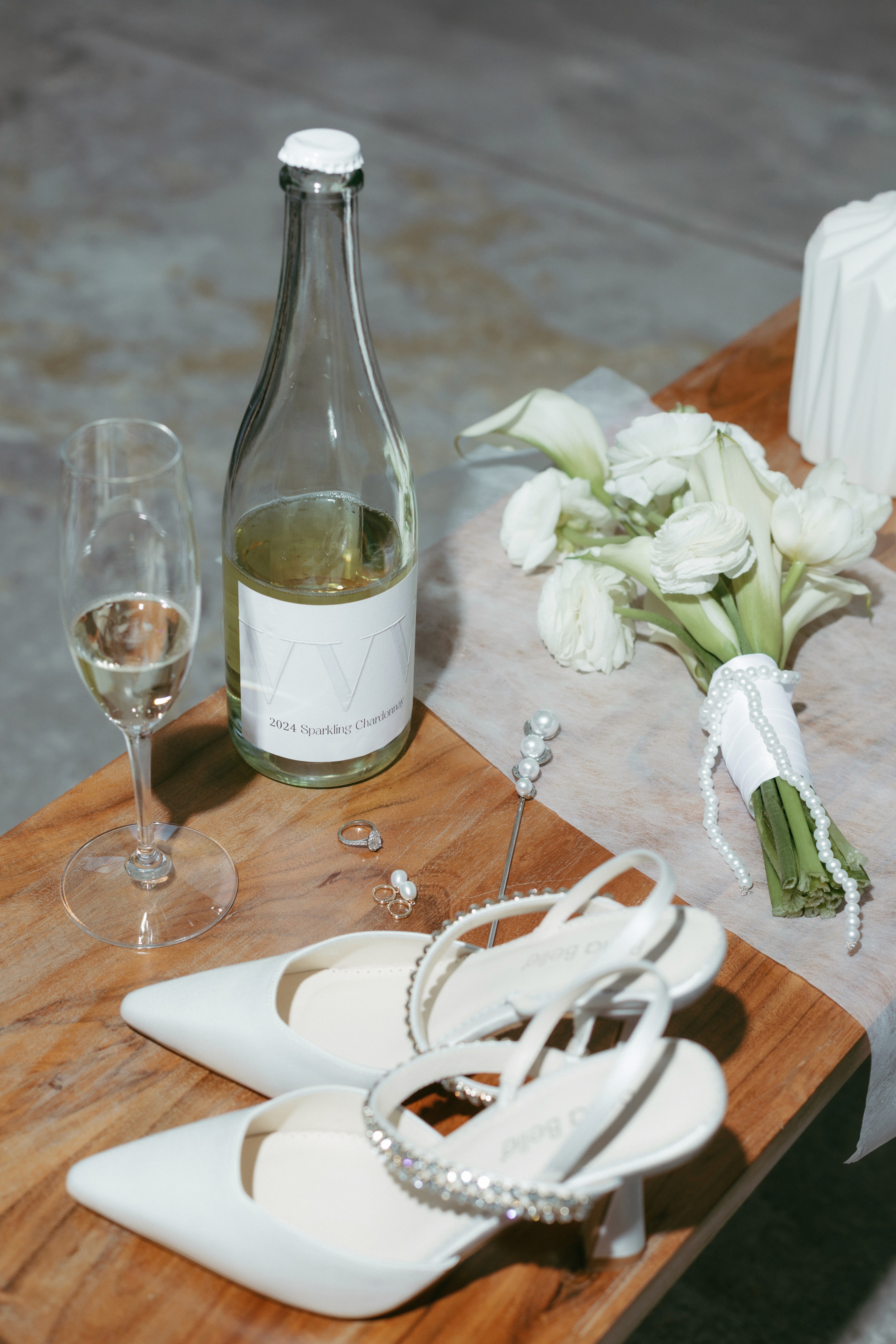 Wedding flowers resting on chair