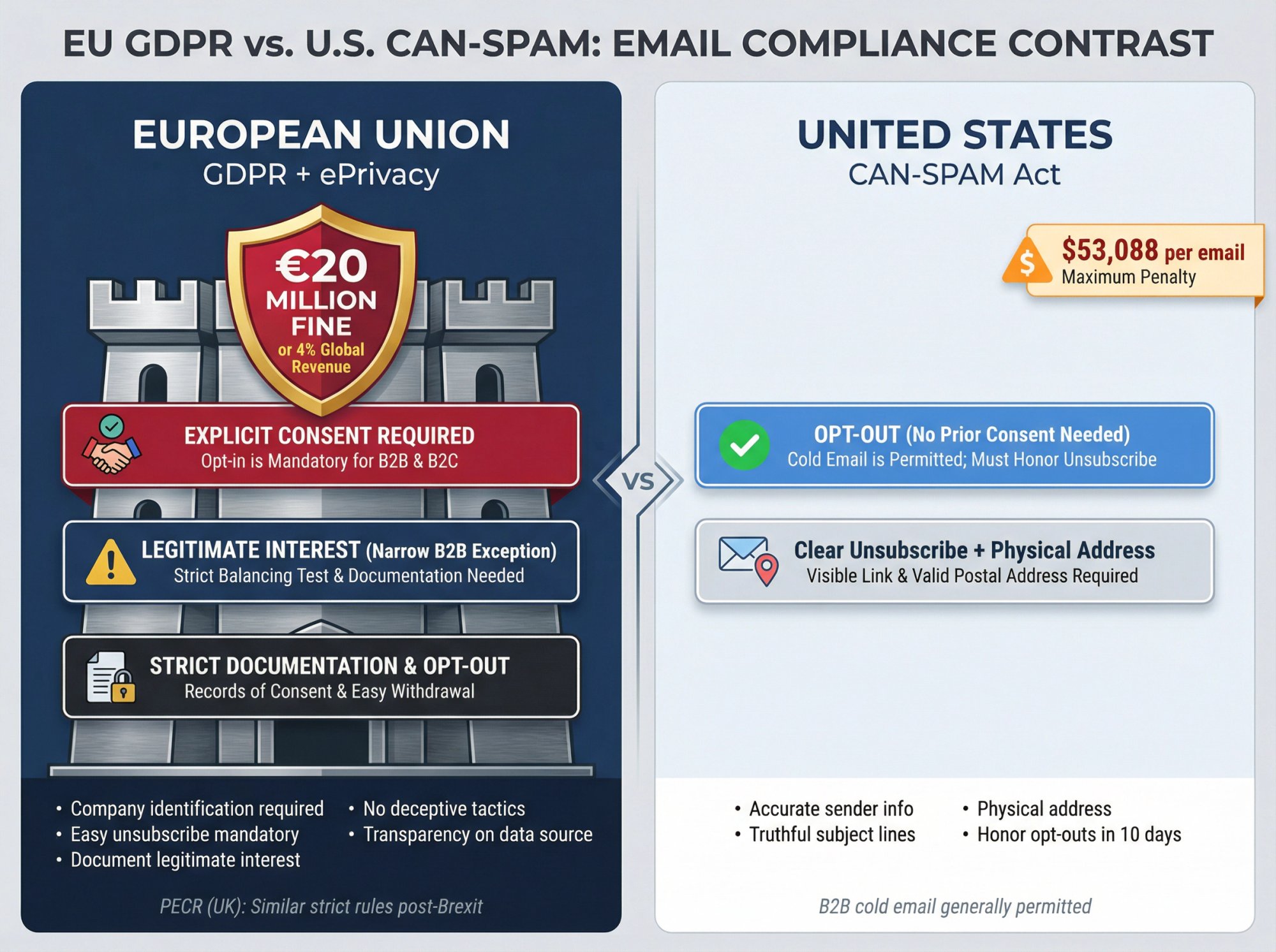 GDPR compliance fortress showing €20M penalties and strict opt-in requirements vs U.S. opt-out approach