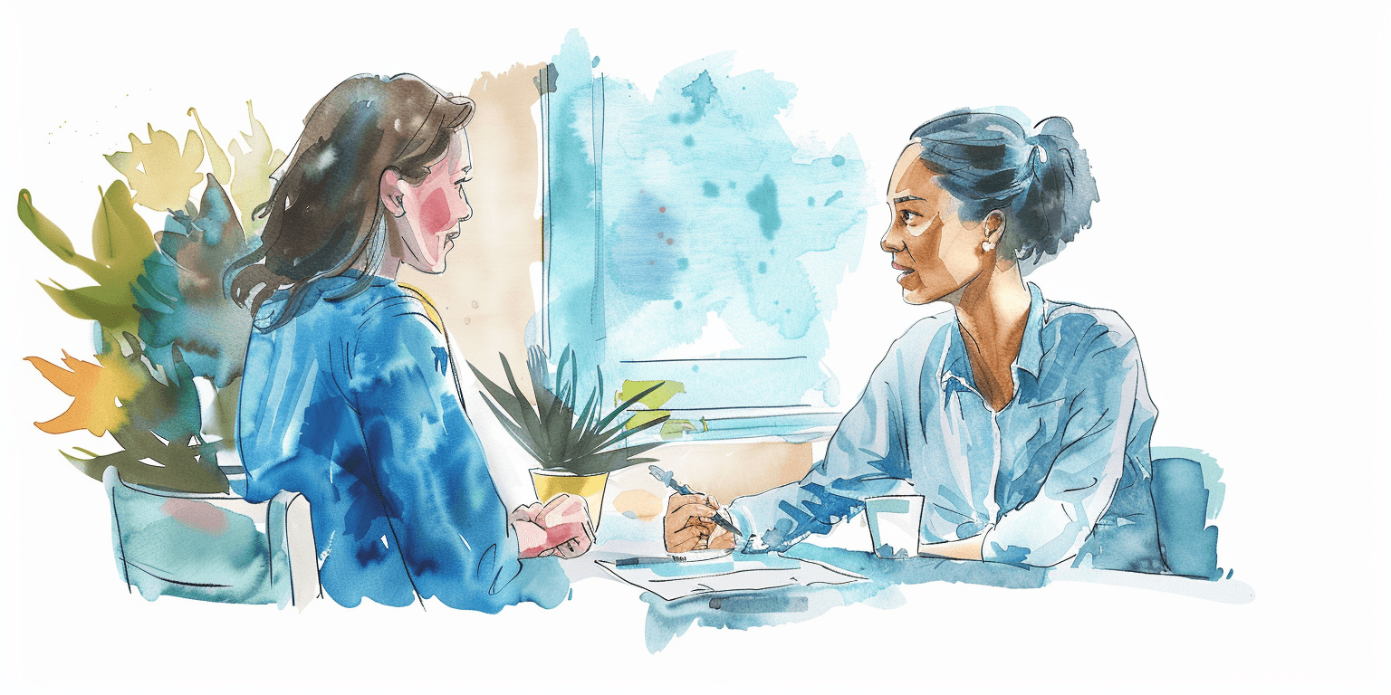 Two women at a desk. One holding a pen and the other talking.